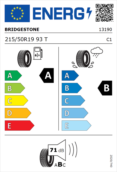 Tyre Label for Bridgestone Turanza T001 215/50R19 93T
