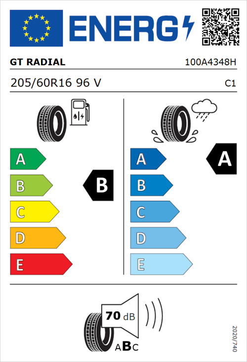 Tyre Label for GT Radial FE2 205/60R16 96V