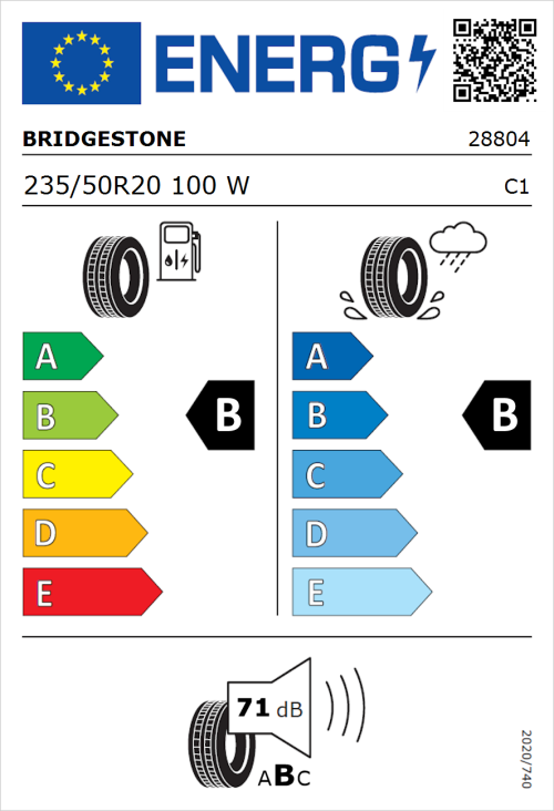 Tyre Label for Bridgestone Alenza 001 235/50R20 100W