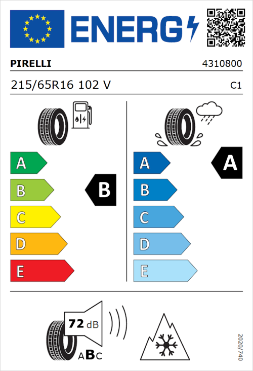 Tyre Label for Pirelli Cinturato All Season 215/65R16 102V